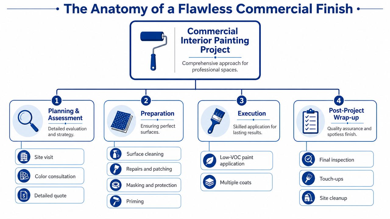 A flowchart infographic outlining the four steps of a professional commercial interior painting project process.