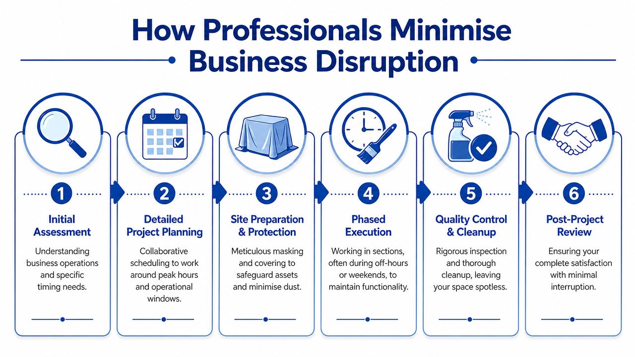 A six-step infographic illustrating how professional contractors minimize business disruption during commercial renovation and painting projects.