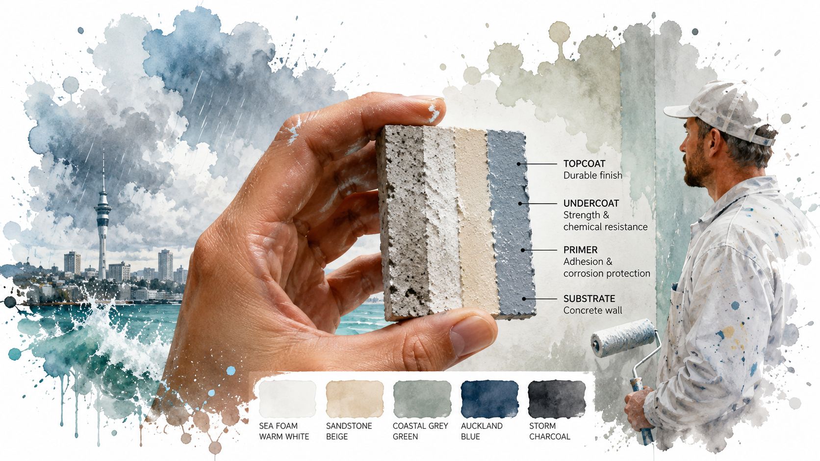 A hand holding a concrete sample showing paint layers with a painter and Auckland city skyline background.