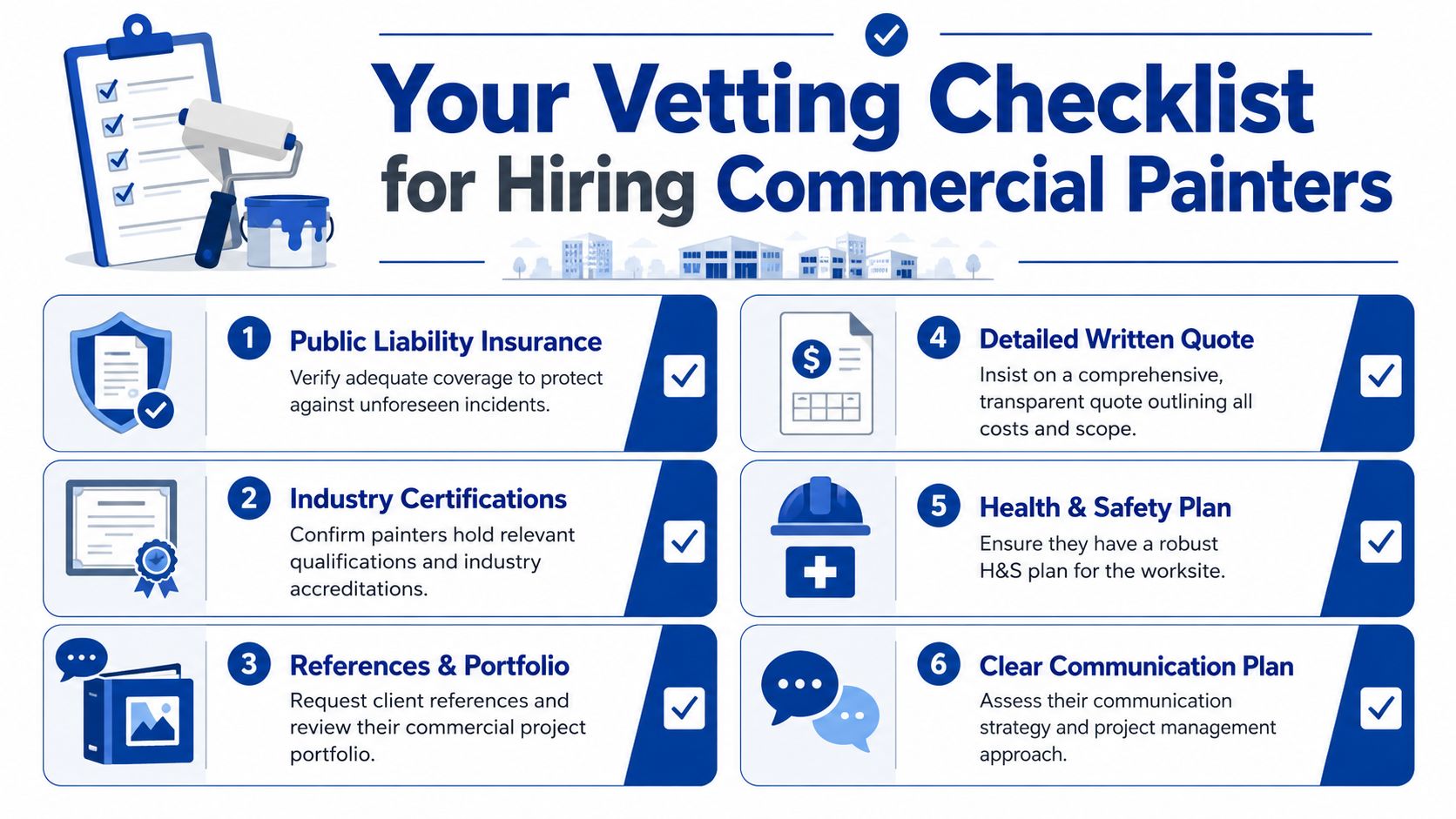 A checklist illustrating the six essential steps for effectively vetting and hiring professional commercial painters.