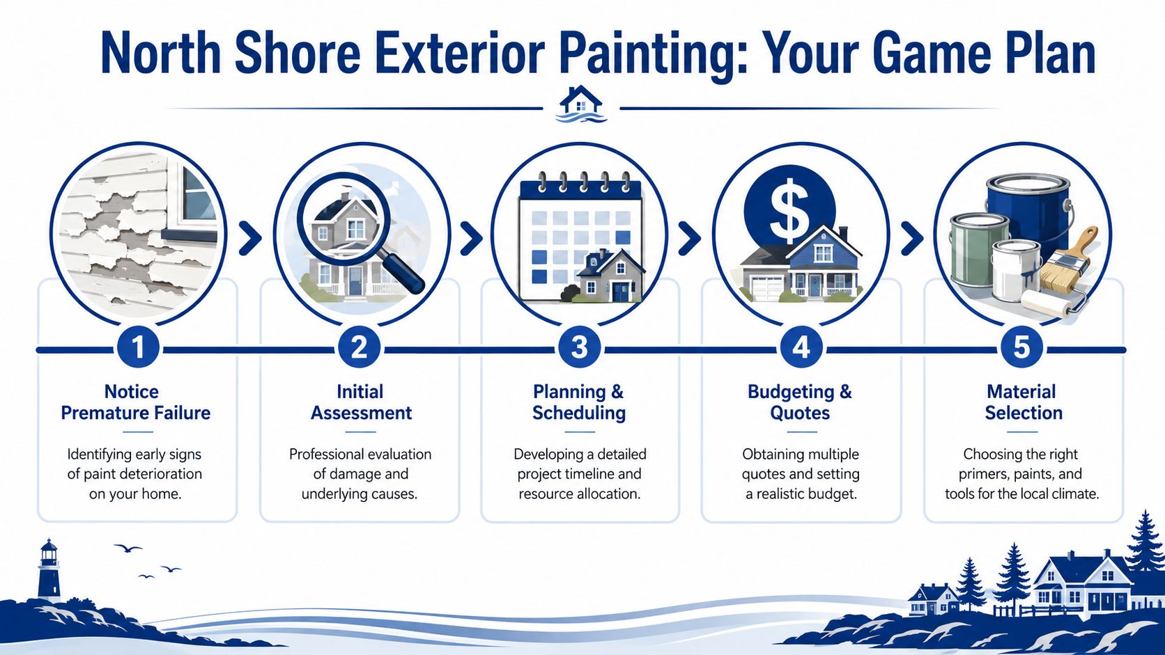An infographic showing the five-step game plan for North Shore exterior house painting and maintenance.