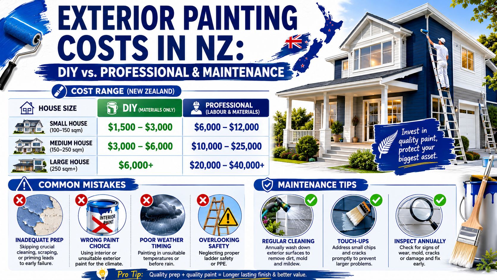 A professional infographic comparing DIY versus professional exterior house painting costs in New Zealand with maintenance tips.