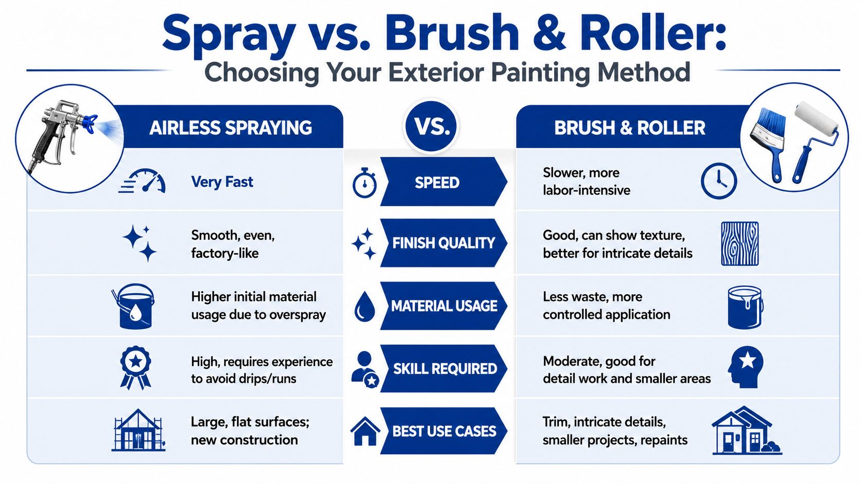 A comparison chart showing the pros and cons of using airless sprayers versus brushes and rollers for painting.