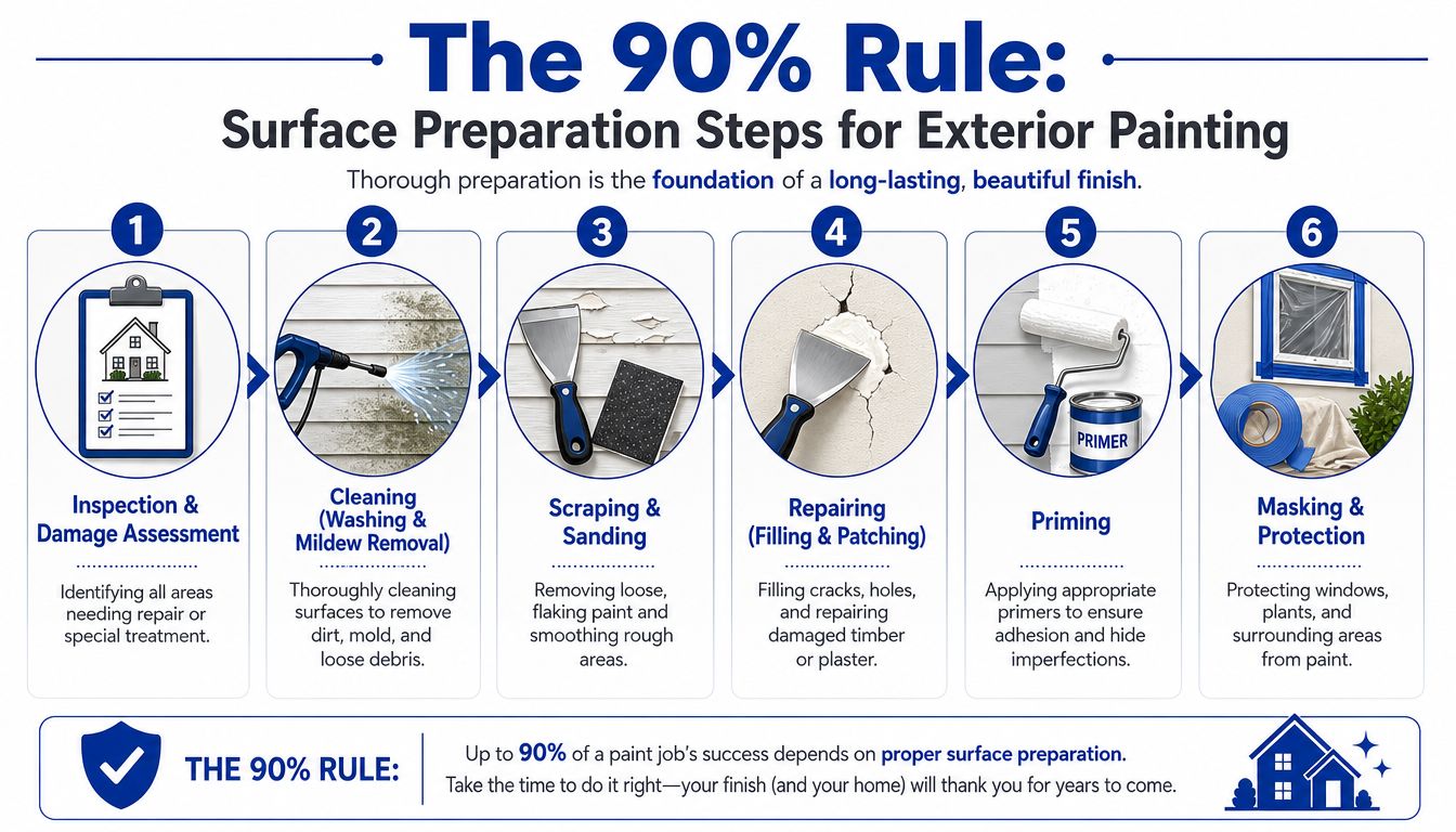 An infographic illustrating six essential steps for preparing exterior home surfaces before applying a new coat of paint.