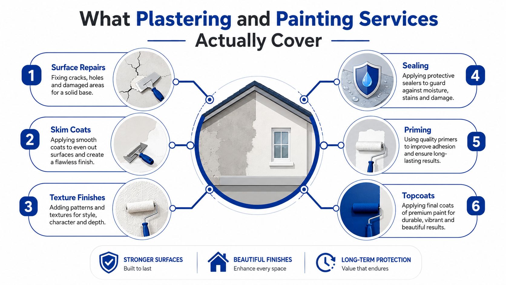 An infographic detailing six steps of professional plastering and painting services for wall maintenance and renovation.