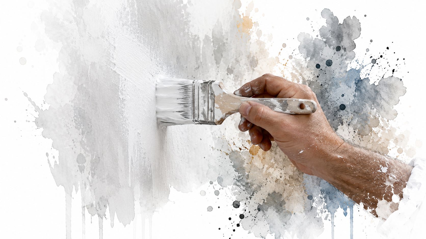 A close-up view of a person painting a white wall with a brush in a watercolor style.