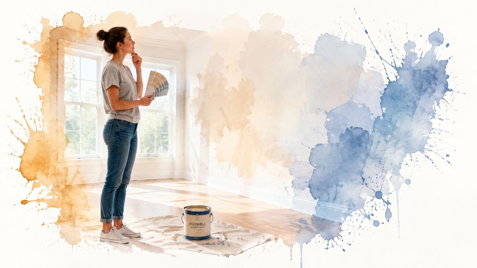 A young woman thoughtfully considering interior paint colors with a swatch deck in an empty room.