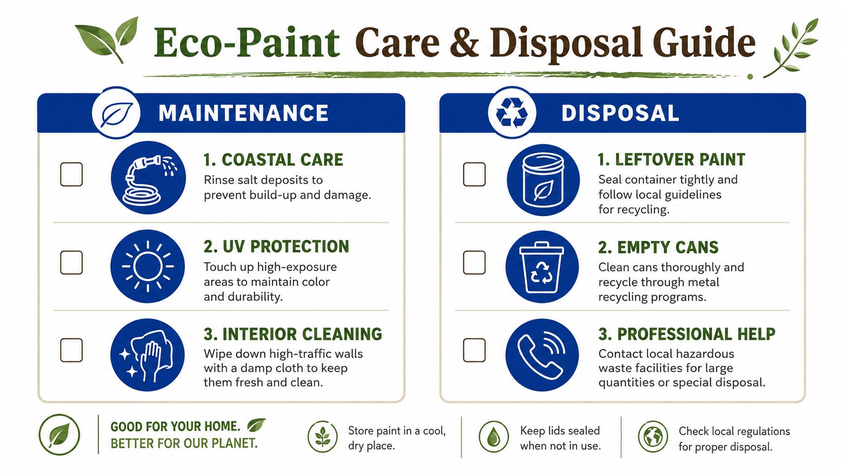 An infographic detailing eco-friendly practices for maintaining painted surfaces and properly disposing of leftover paint containers.