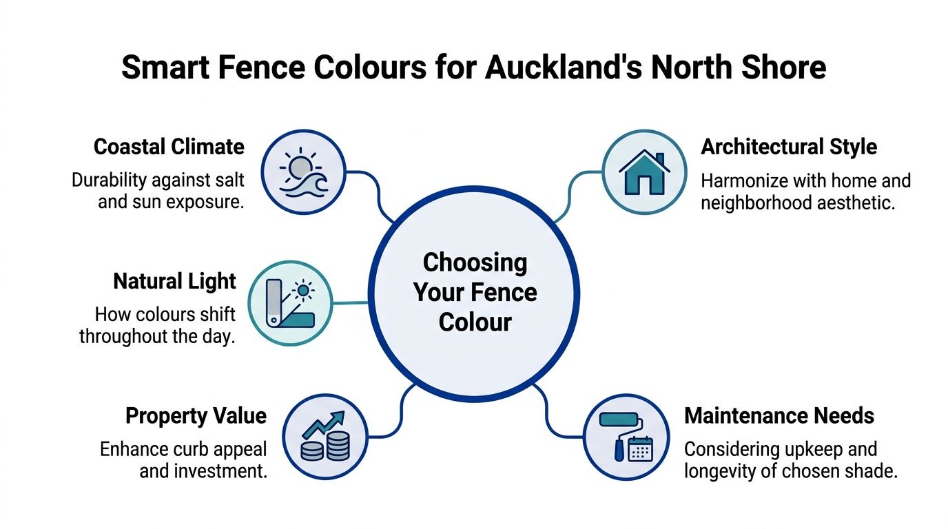 A diagram illustrating factors to consider when choosing smart fence paint colours for Auckland's North Shore homes.