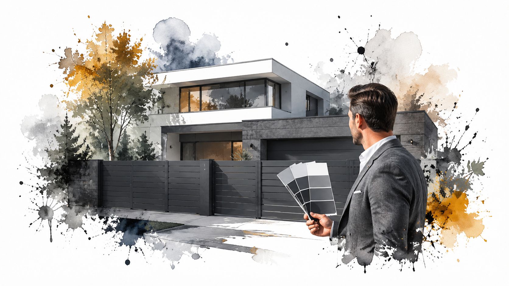 A professional holding a paint color palette while viewing a modern house with a dark privacy fence.