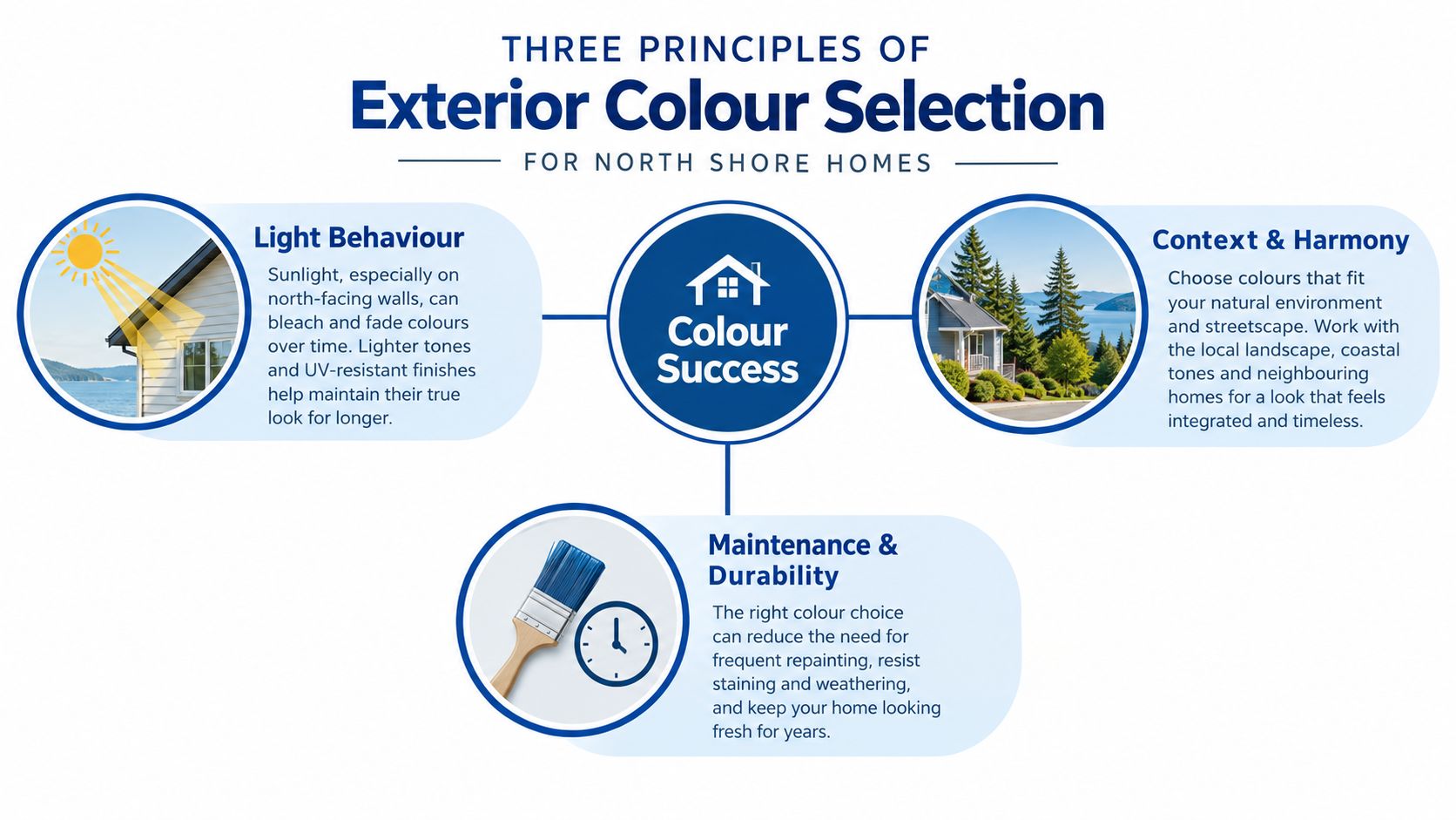 An infographic titled Three Principles of Exterior Colour Selection for North Shore Homes showing lighting, context, and maintenance.