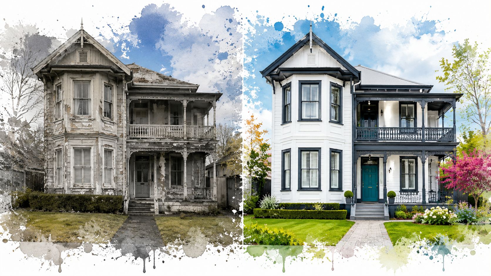 A split-screen comparison showing a weathered, dilapidated Victorian-style home next to a fully restored modern version.