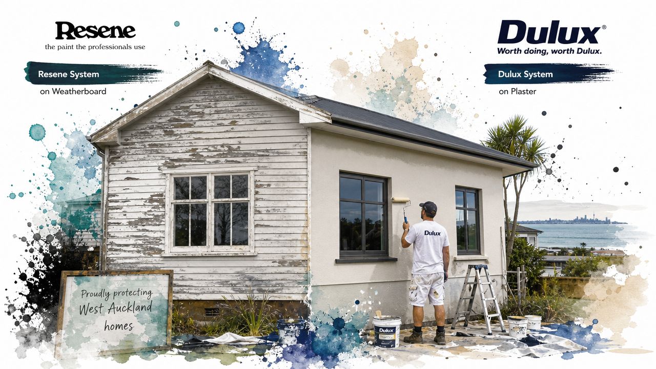 A professional house painter working on a wall, showcasing contrast between weatherboard and freshly painted plaster.