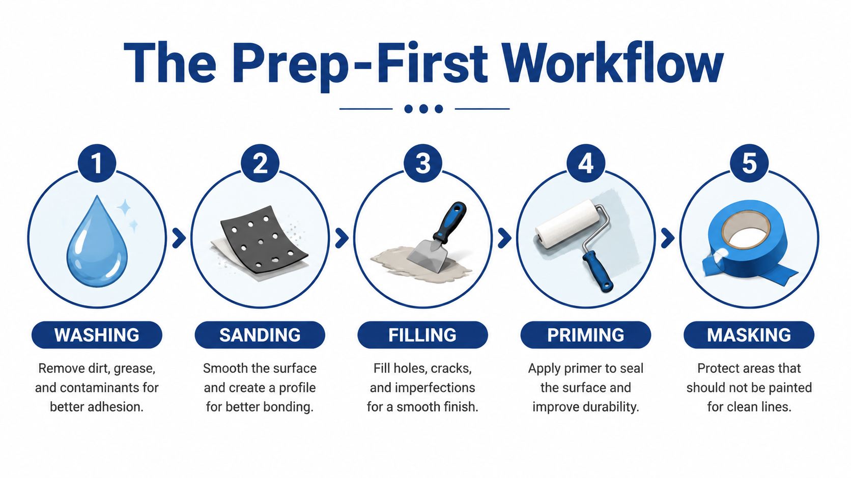 A five-step infographic showing the Prep-First Workflow for painting surfaces: washing, sanding, filling, priming, and masking.