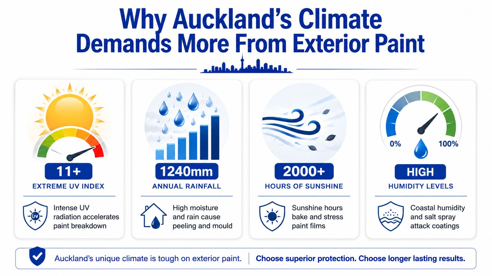 An infographic detailing how Auckland's extreme climate of high UV, rainfall, sunshine, and humidity damages exterior house paint.