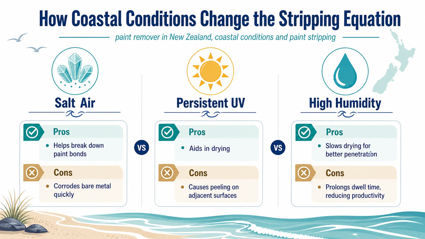 An infographic detailing how coastal conditions like salt air, UV, and humidity affect paint stripping in New Zealand.