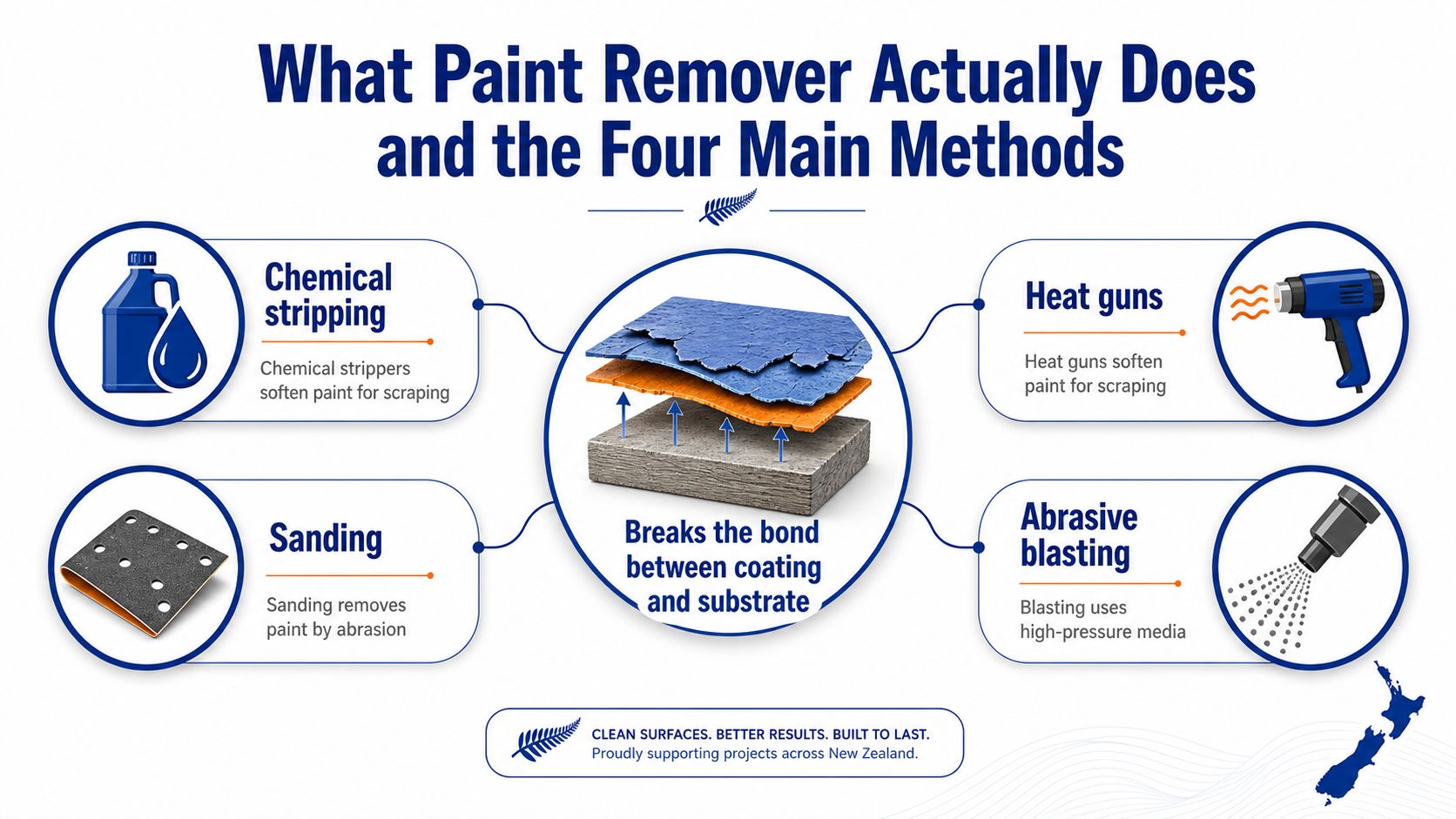 An infographic explaining the four main methods for removing paint: chemical stripping, sanding, heat guns, and abrasive blasting.