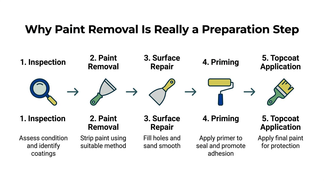 A five-step process infographic illustrating paint removal as a essential preparation stage before applying a new topcoat.