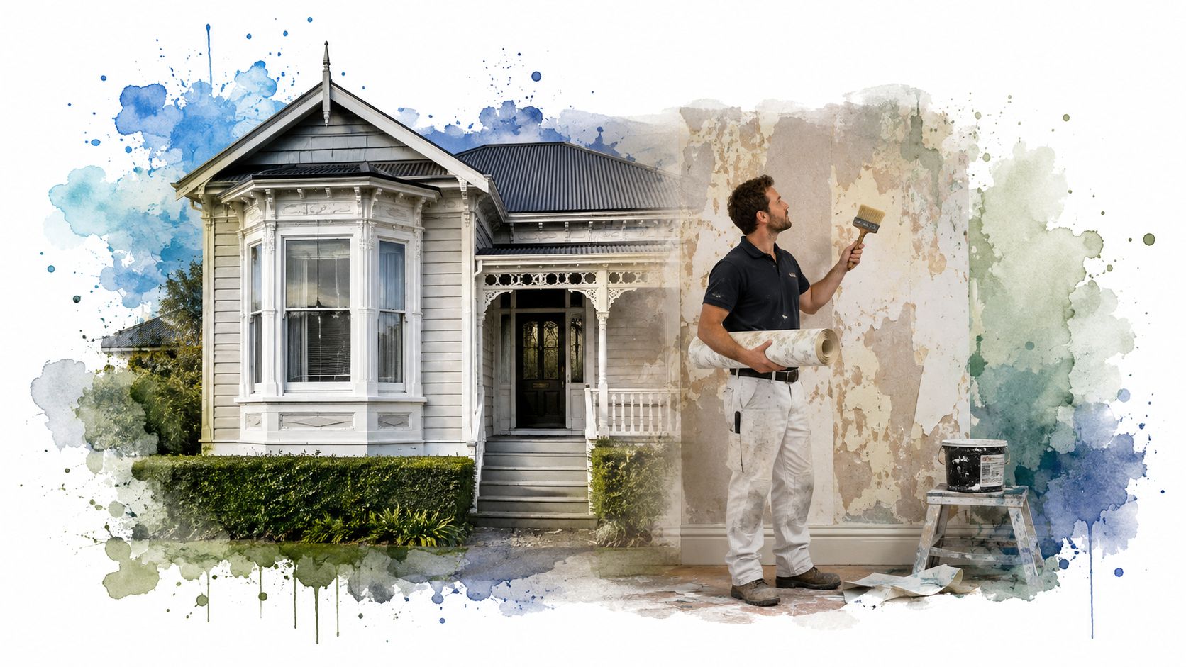 A professional wallpaper hanger working on a damaged interior wall next to an elegant vintage house.