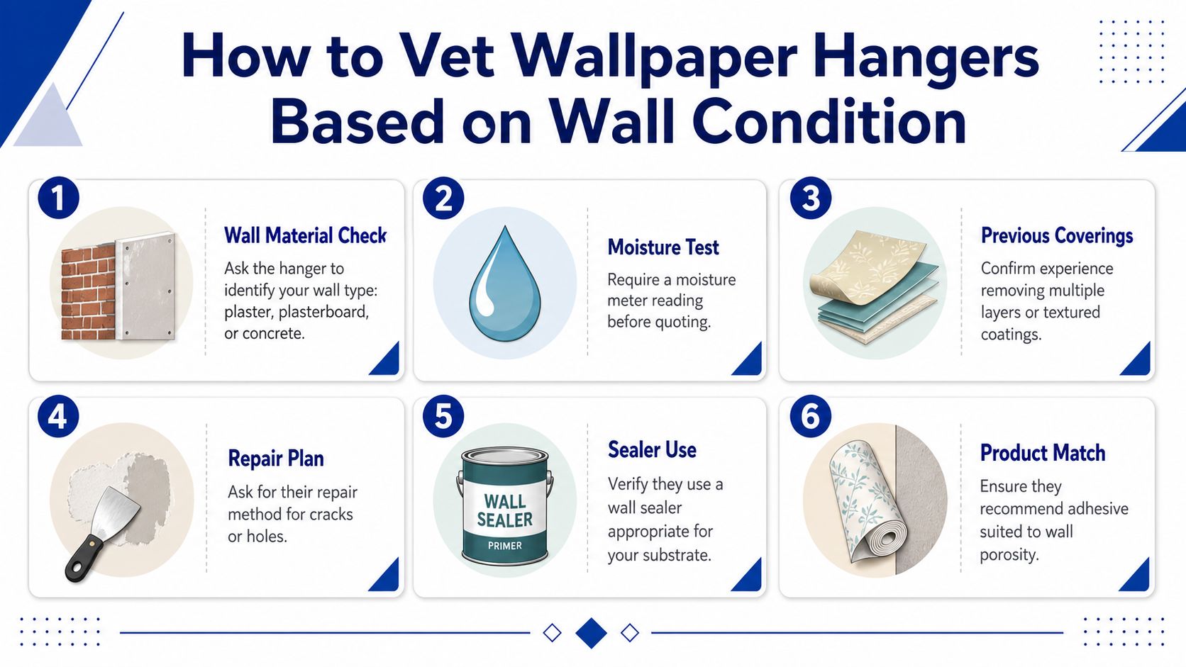 An infographic titled How to Vet Wallpaper Hangers providing six steps for evaluating professional wall preparation.