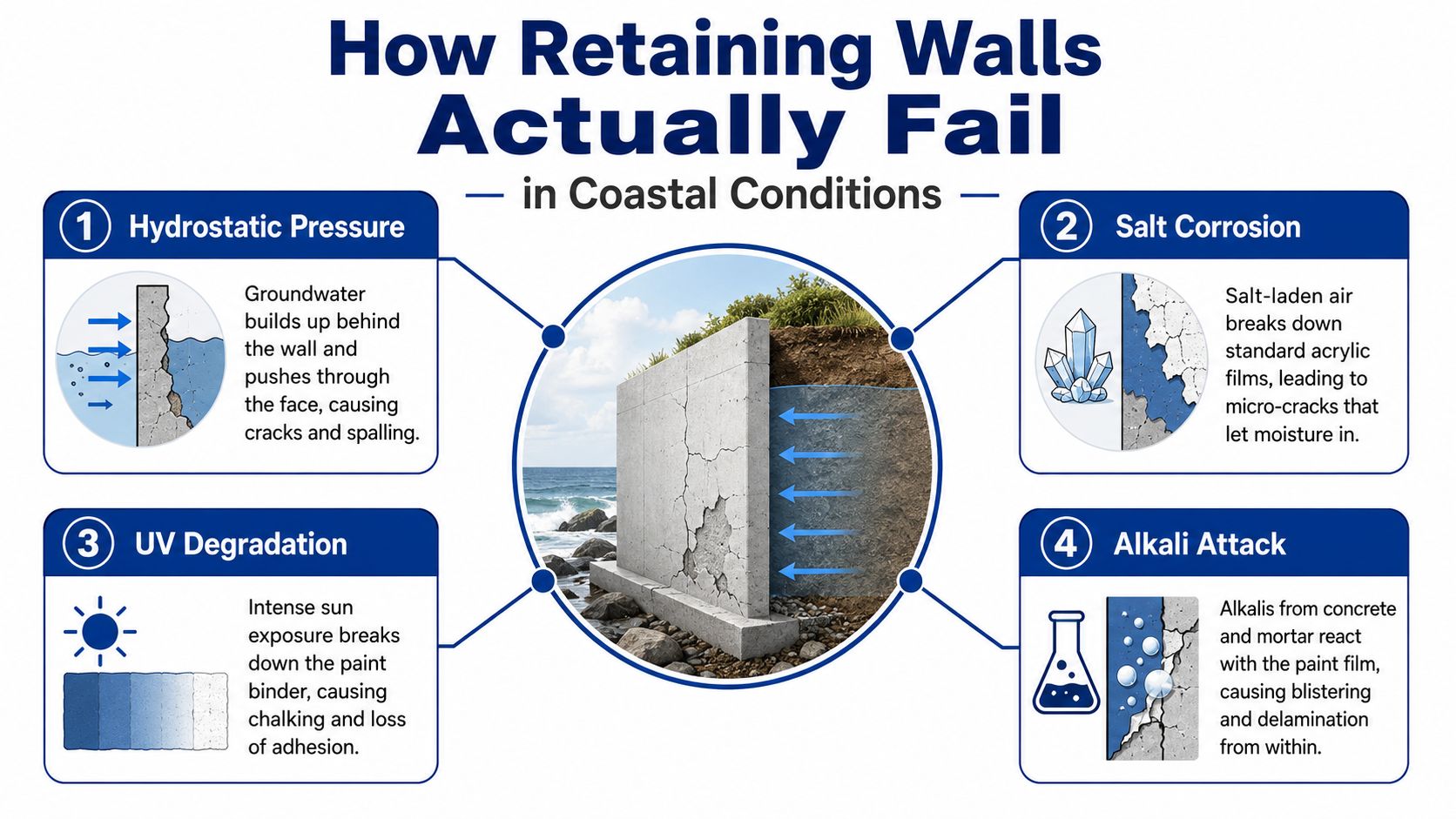 An infographic detailing four primary causes of retaining wall failure in coastal environments, including environmental factors.