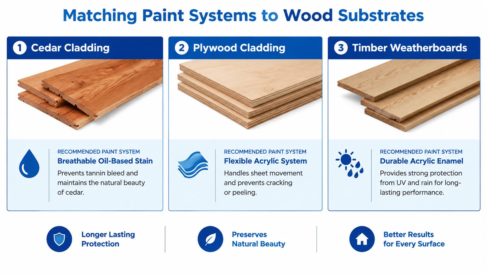 A guide matching different paint systems to specific wood substrates including cedar cladding, plywood, and timber weatherboards.