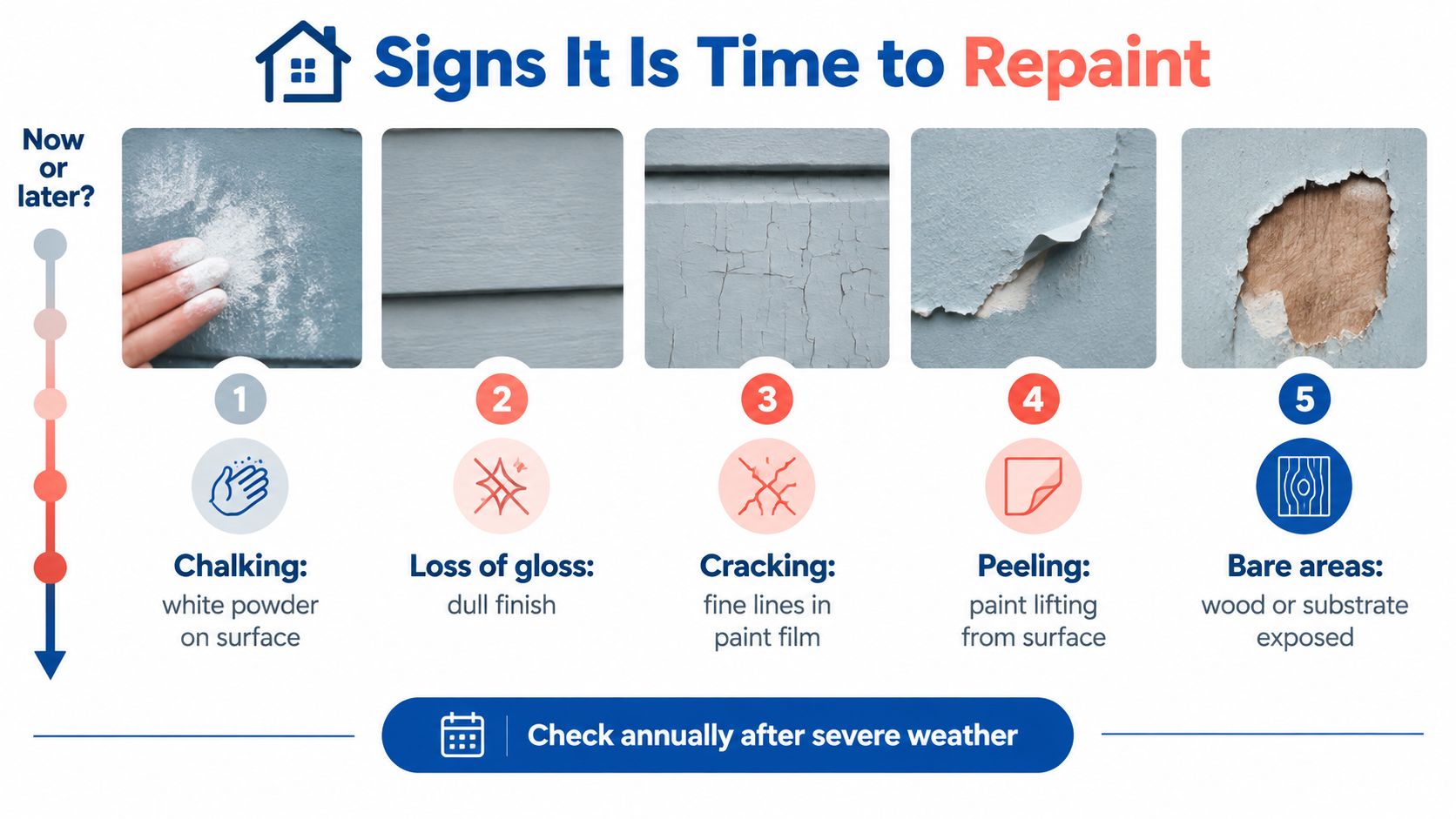 An infographic illustrating five visual signs that indicate it is time to repaint a house exterior.