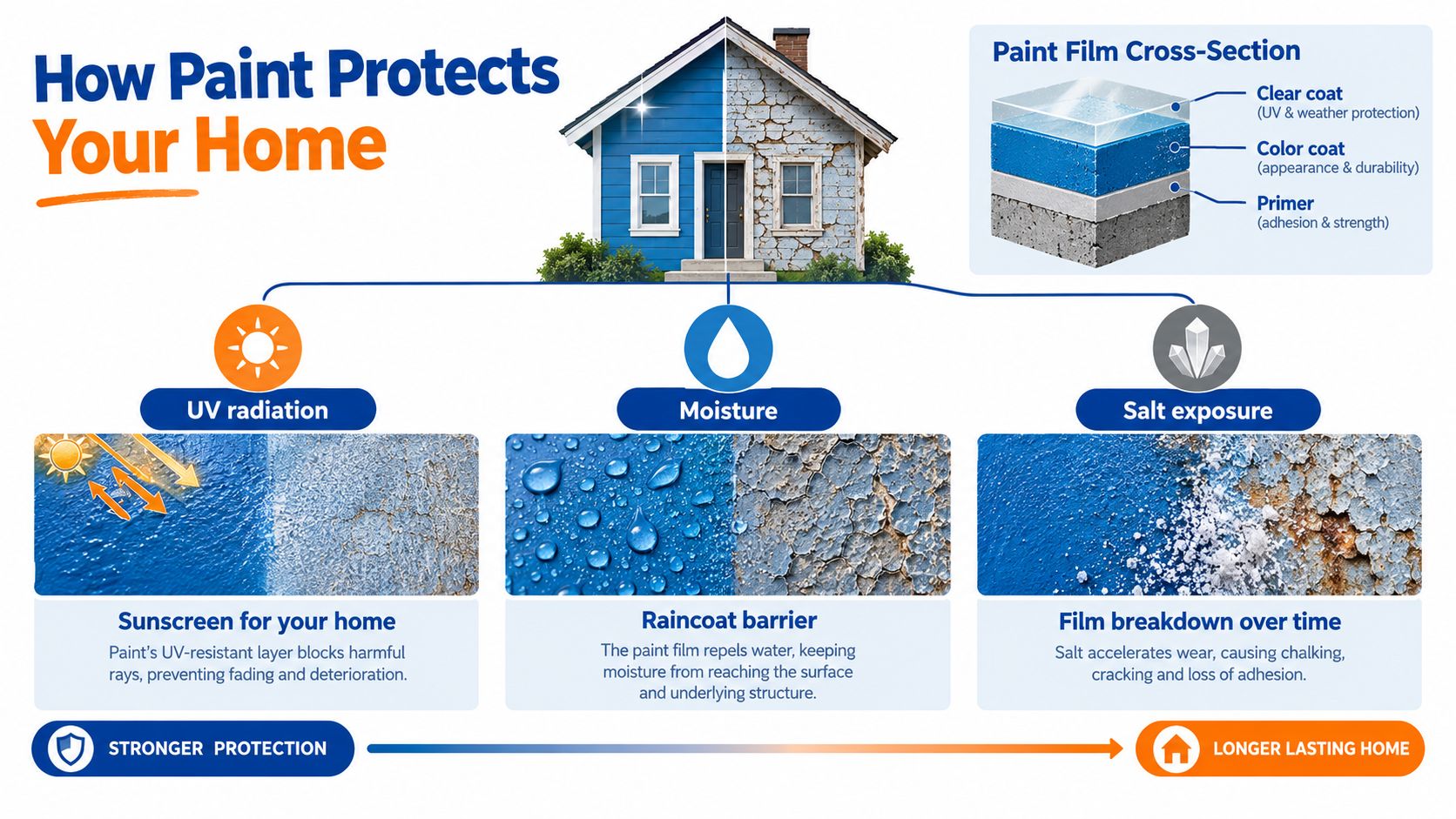 An infographic showing how protective paint prevents UV radiation, moisture, and salt damage on house exteriors.