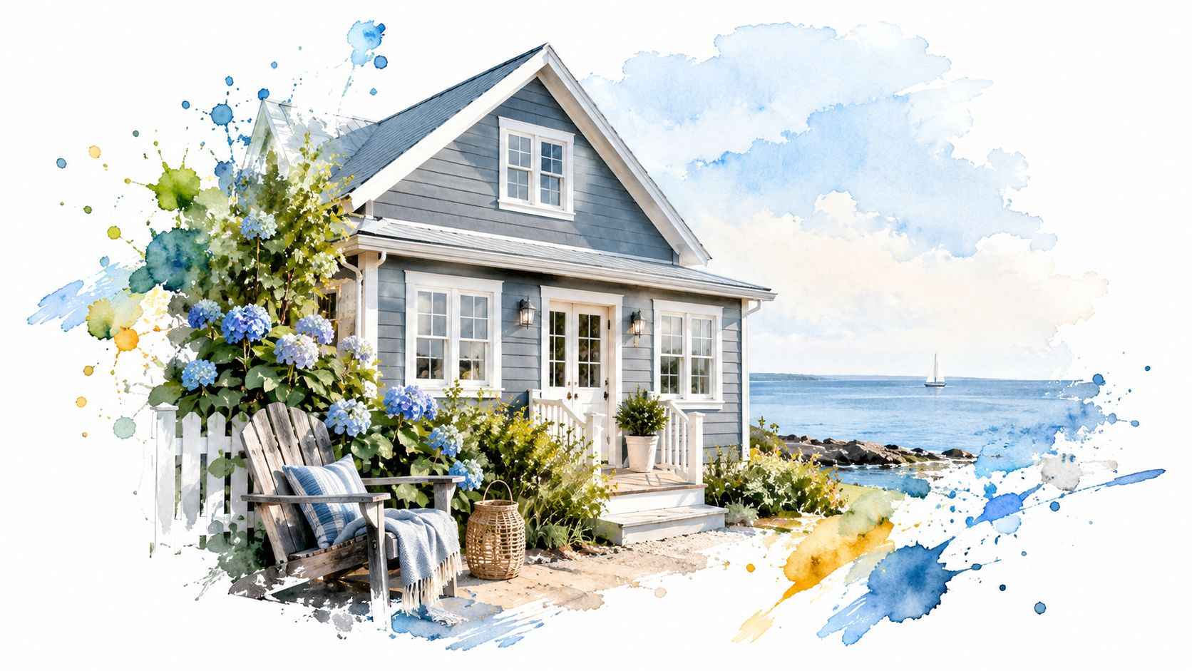 A cozy, blue cottage by the sea with a white fence, hydrangea flowers, and a comfortable wooden chair.