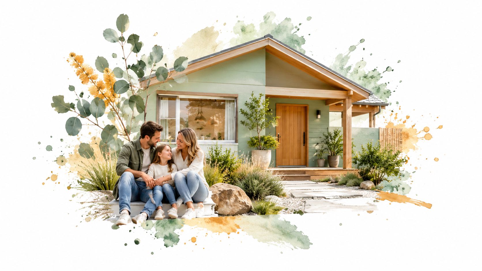 A happy family sitting on the porch of a modern light green home with watercolor accents.