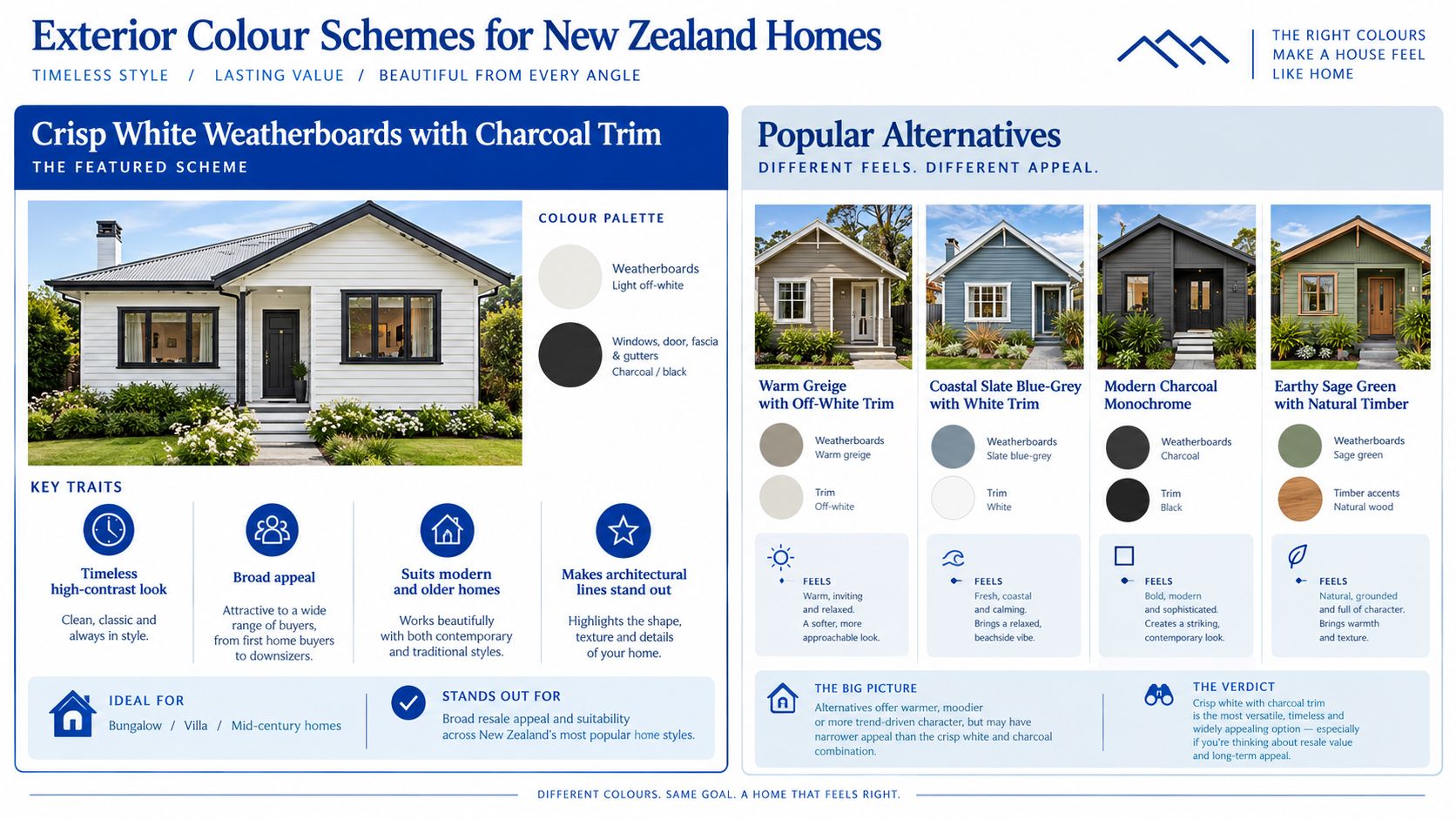 A design infographic showing exterior colour schemes for New Zealand homes featuring a white house with charcoal trim.