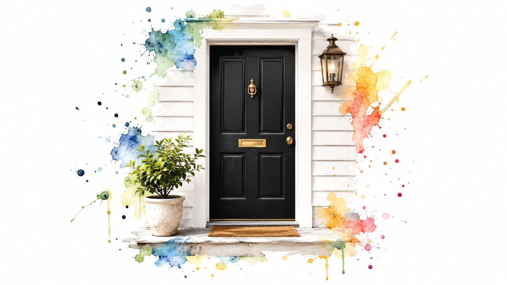 A black front door with brass fixtures surrounded by artistic watercolor paint splatters on a white wall.