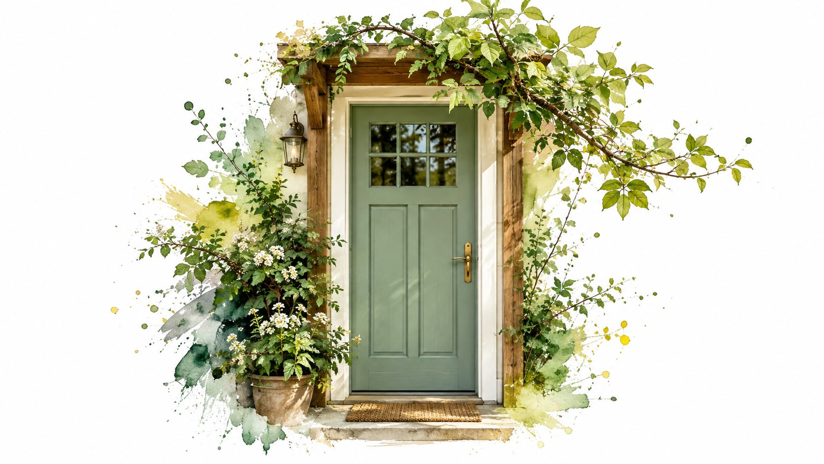 A sage green wooden front door framed by rustic wood beams, potted flowers, and watercolor leaf accents.