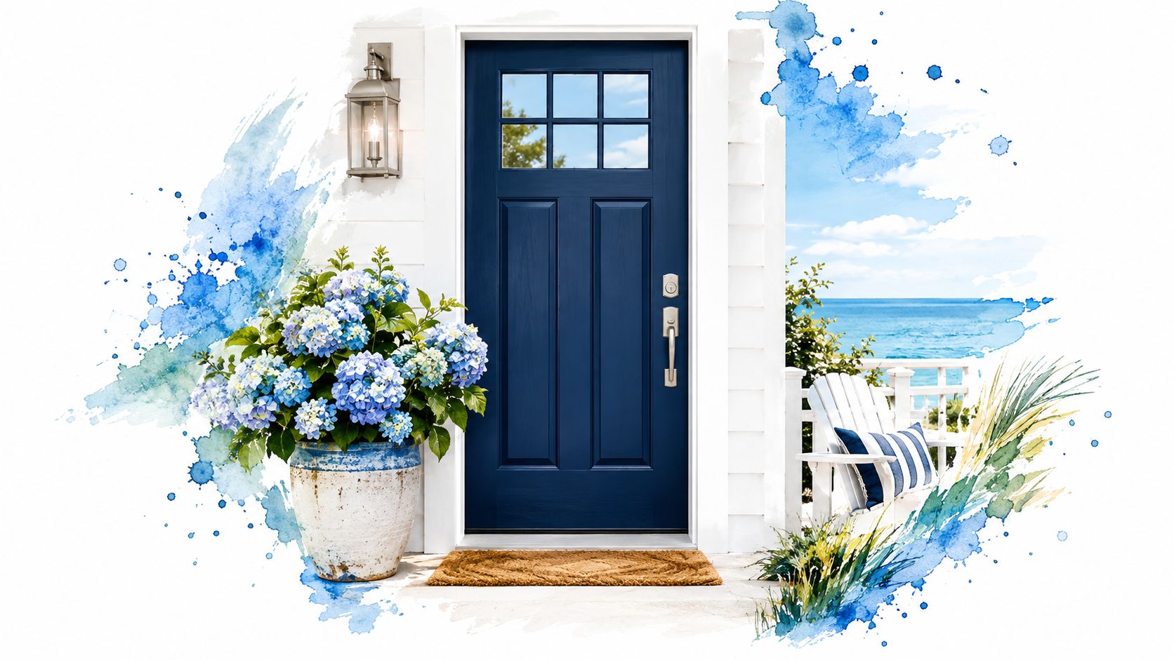 A deep blue front door with a window sits on a coastal porch with hydrangeas and ocean views.