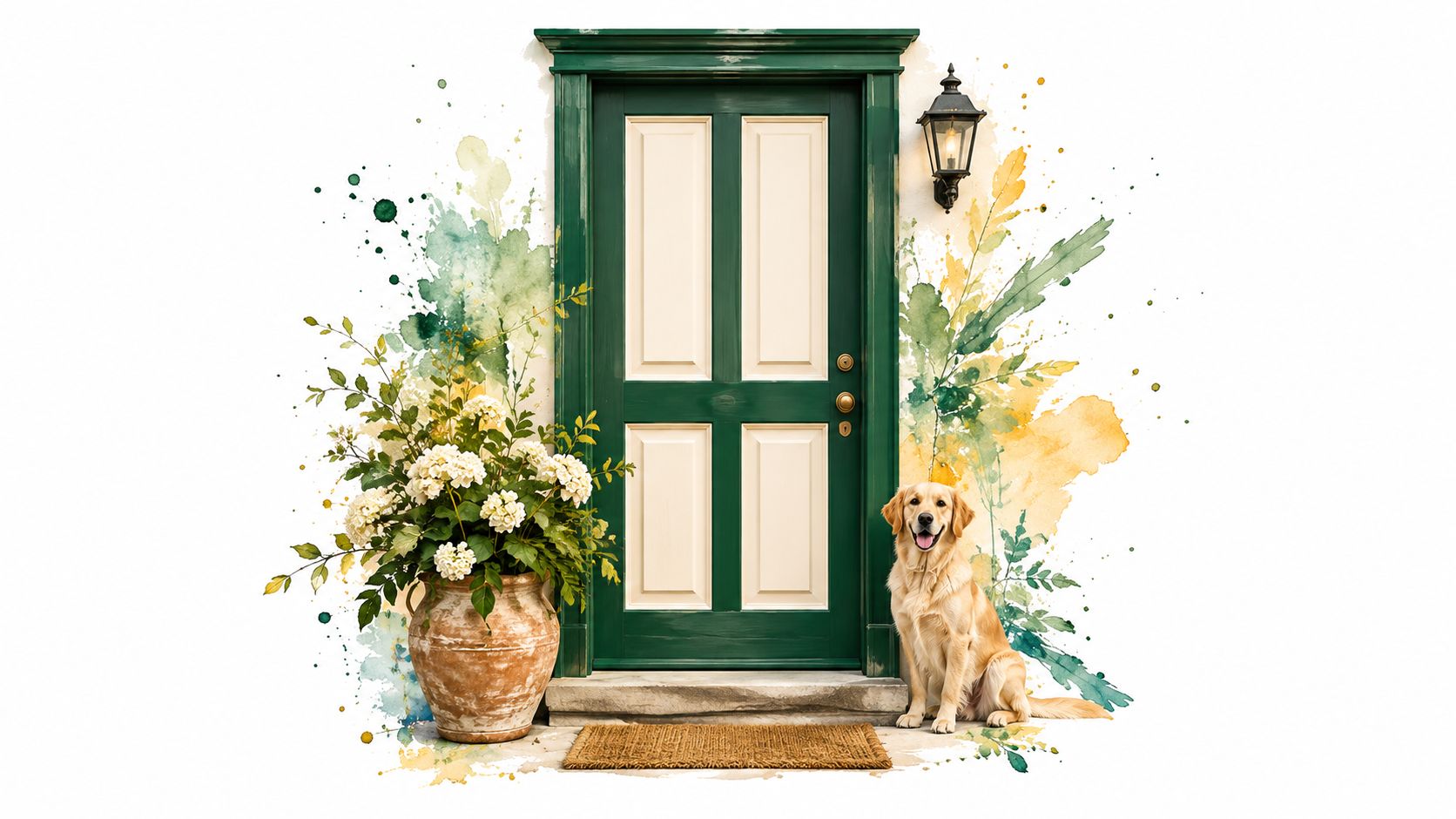 A golden retriever sits by a green front door decorated with watercolor floral splashes and a plant.