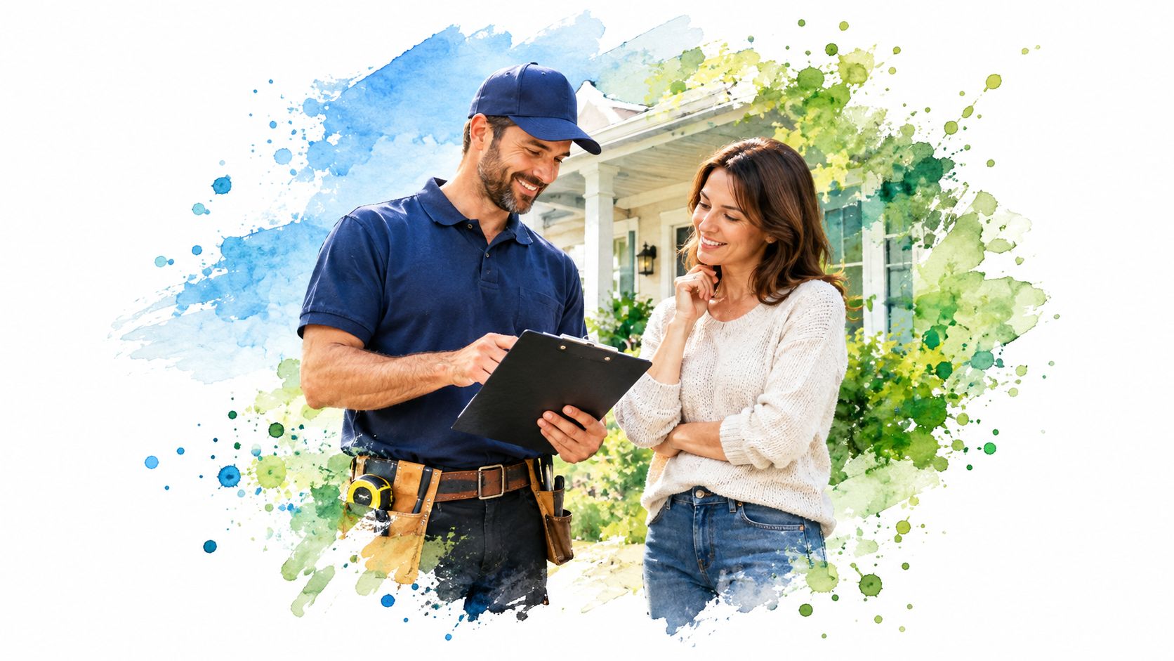 A professional exterior house painting contractor talking with a homeowner about a project in front of a house.