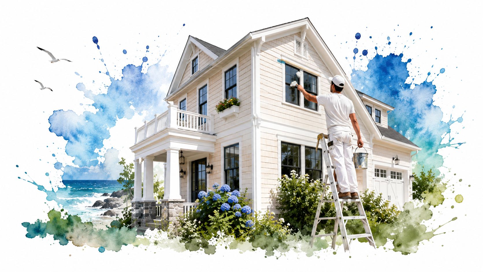 A professional painter on a ladder painting the exterior trim of a coastal beach house by the ocean.