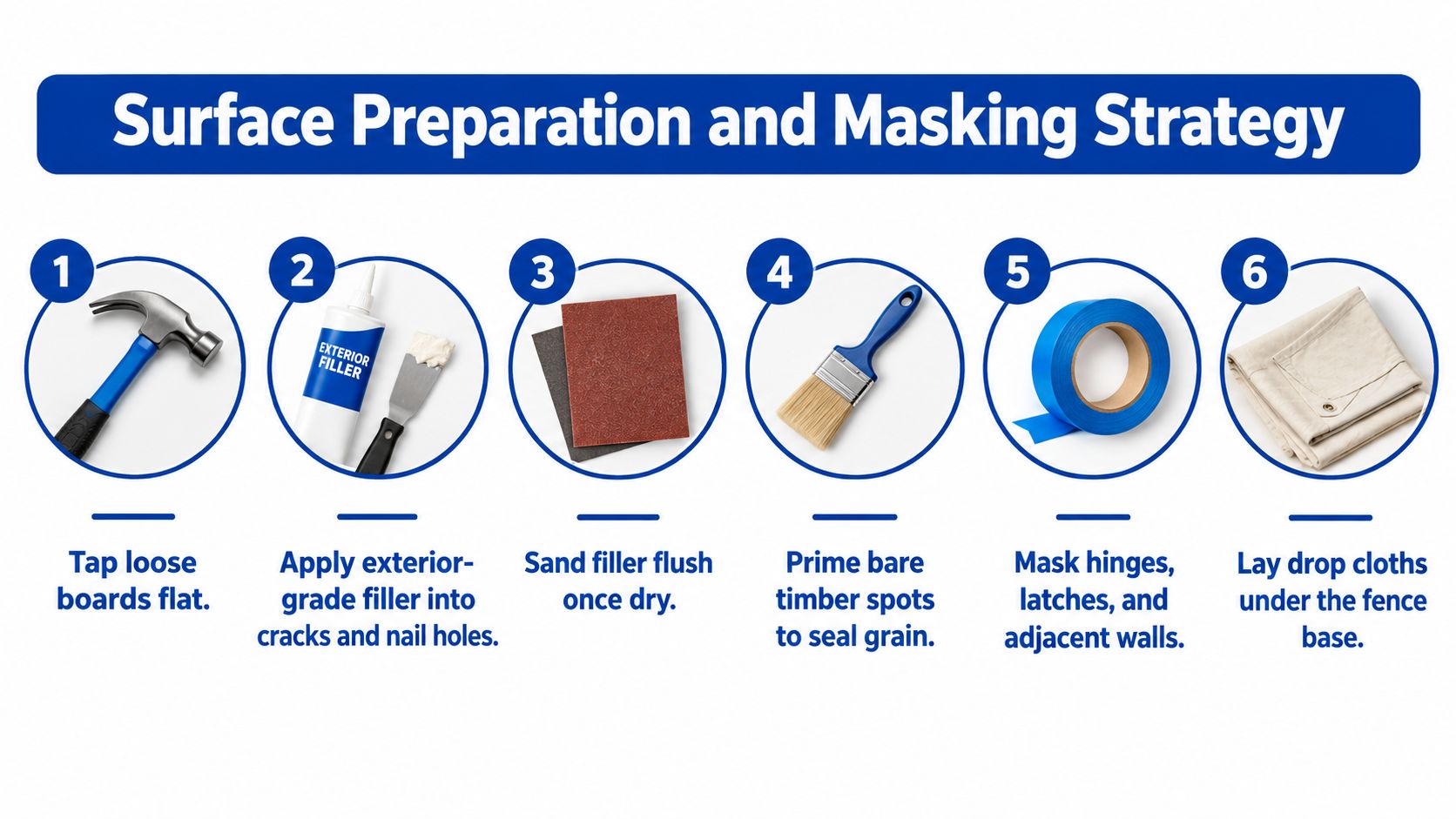 A six-step instructional guide on surface preparation and masking strategies for painting a wooden fence.