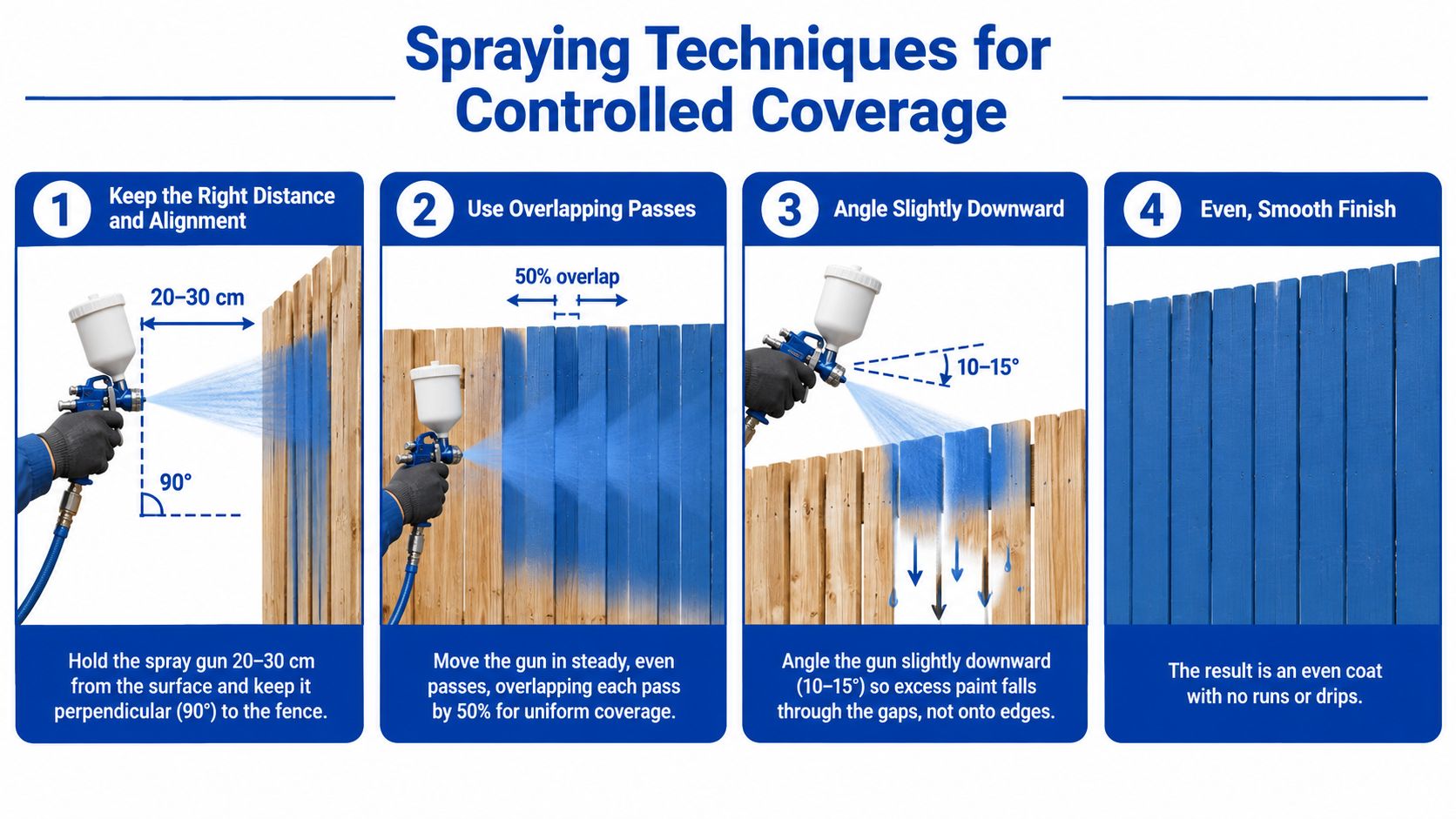 A four-step infographic showing techniques for using a spray gun to paint a wooden fence evenly.