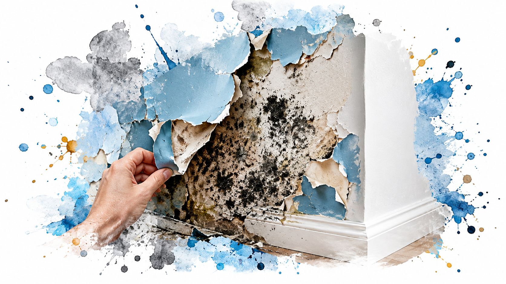 A close-up view of a hand peeling away damaged blue wallpaper revealing black mold on the wall.