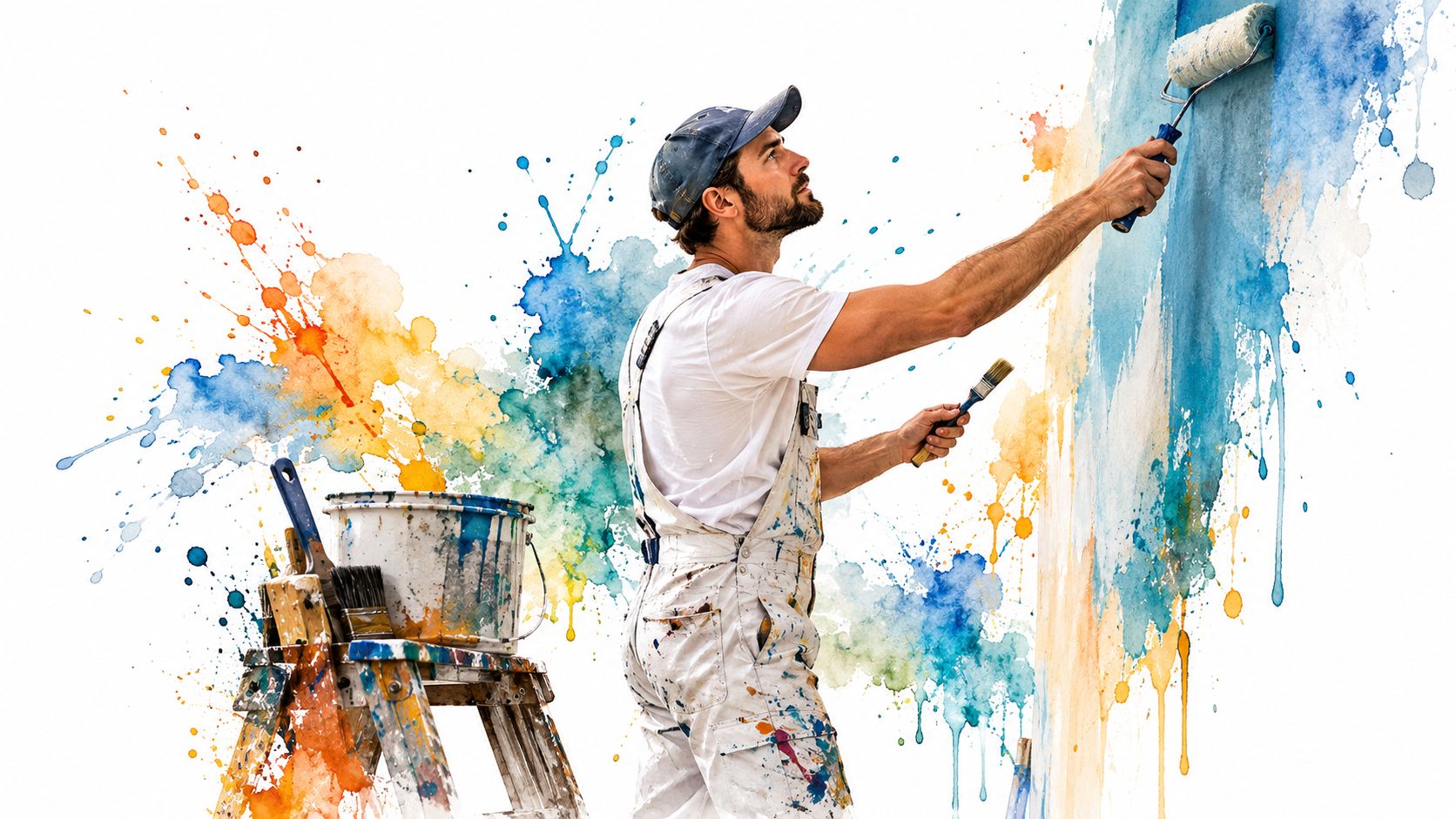 A professional painter wearing white overalls paints an artistic blue wall with a roller and brush.