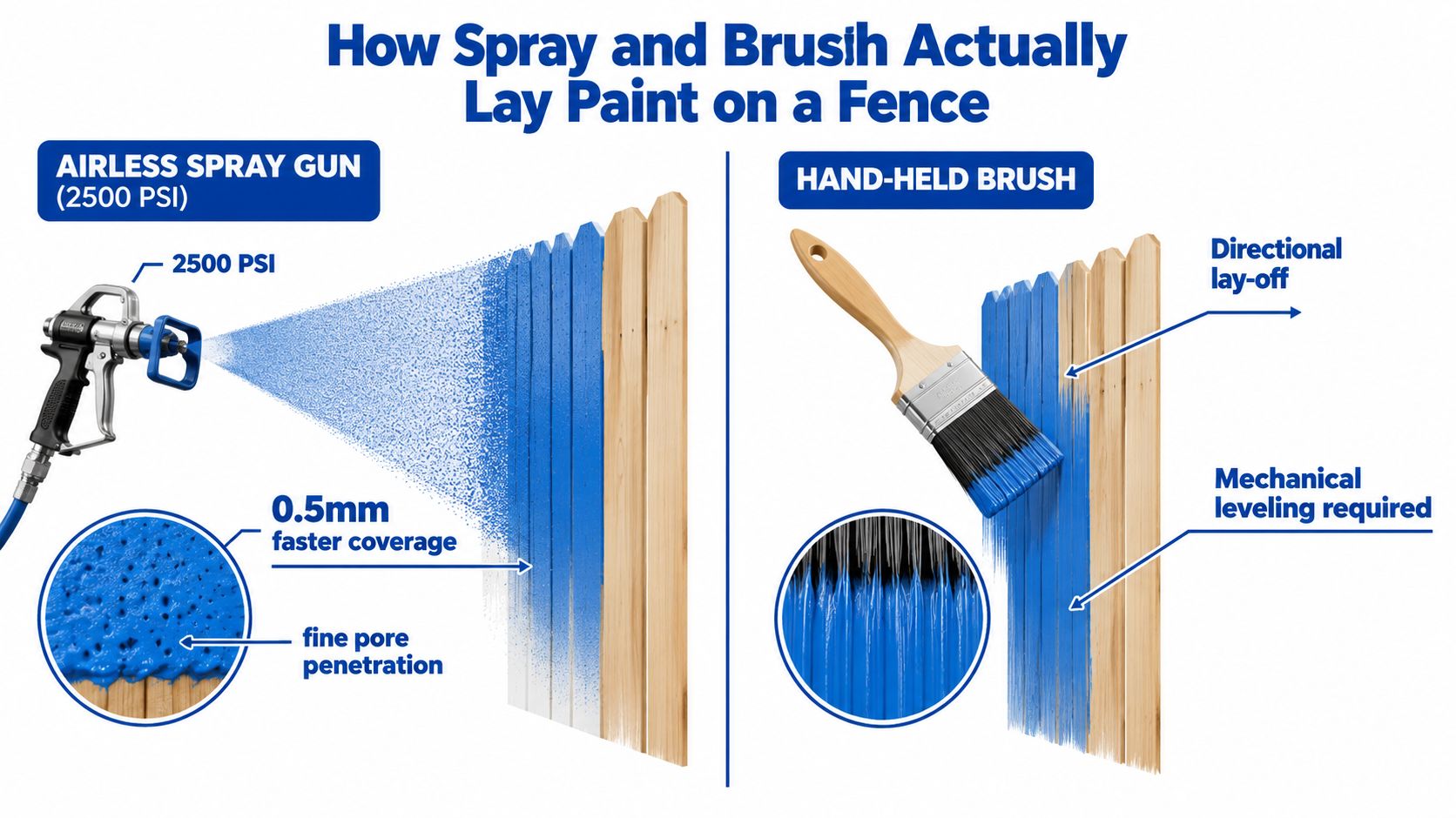 A comparison infographic showing how airless spray guns and paint brushes apply paint to a wooden fence.