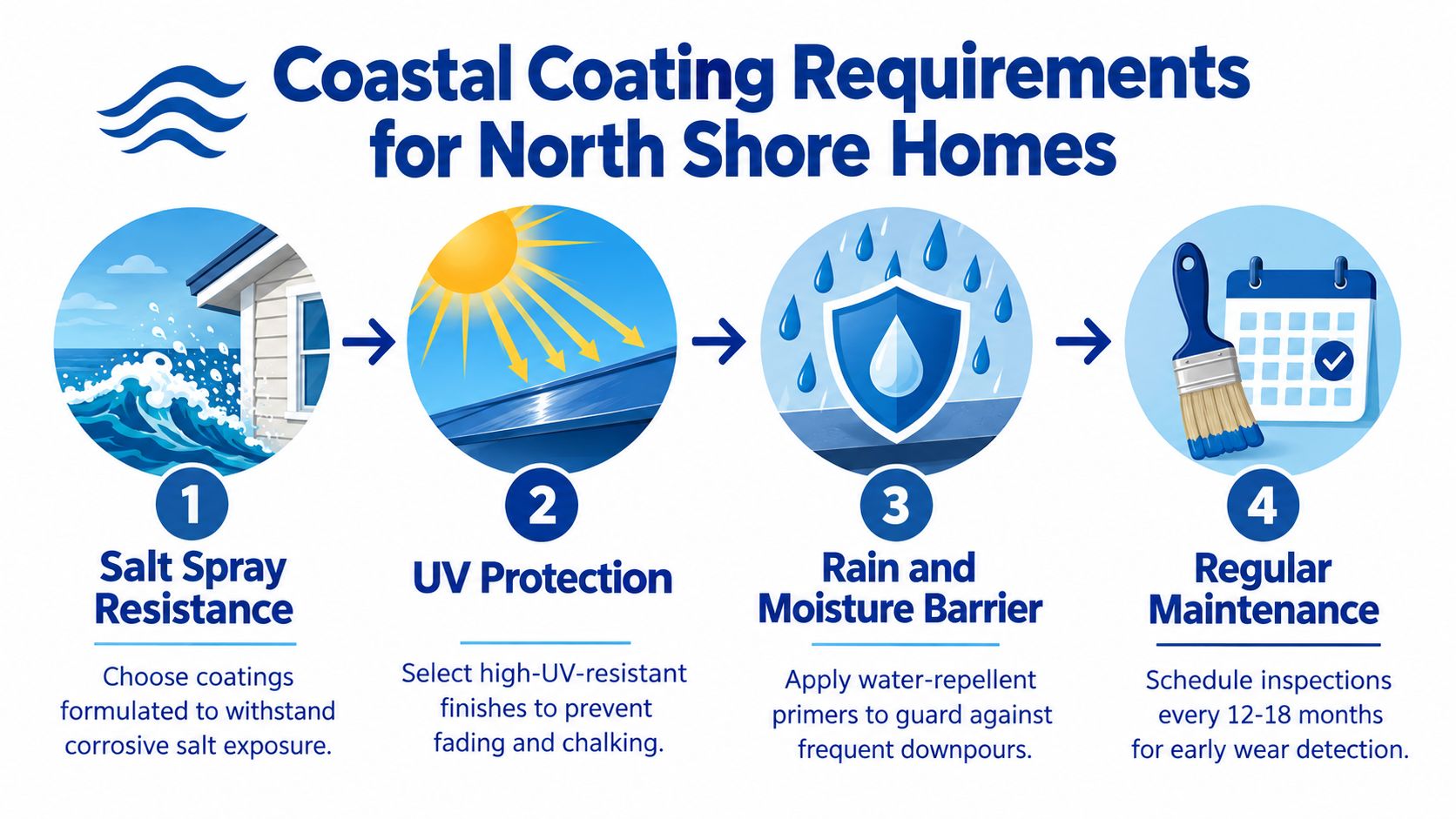 A four-step infographic illustrating essential coastal coating requirements for protecting North Shore homes from harsh weather.
