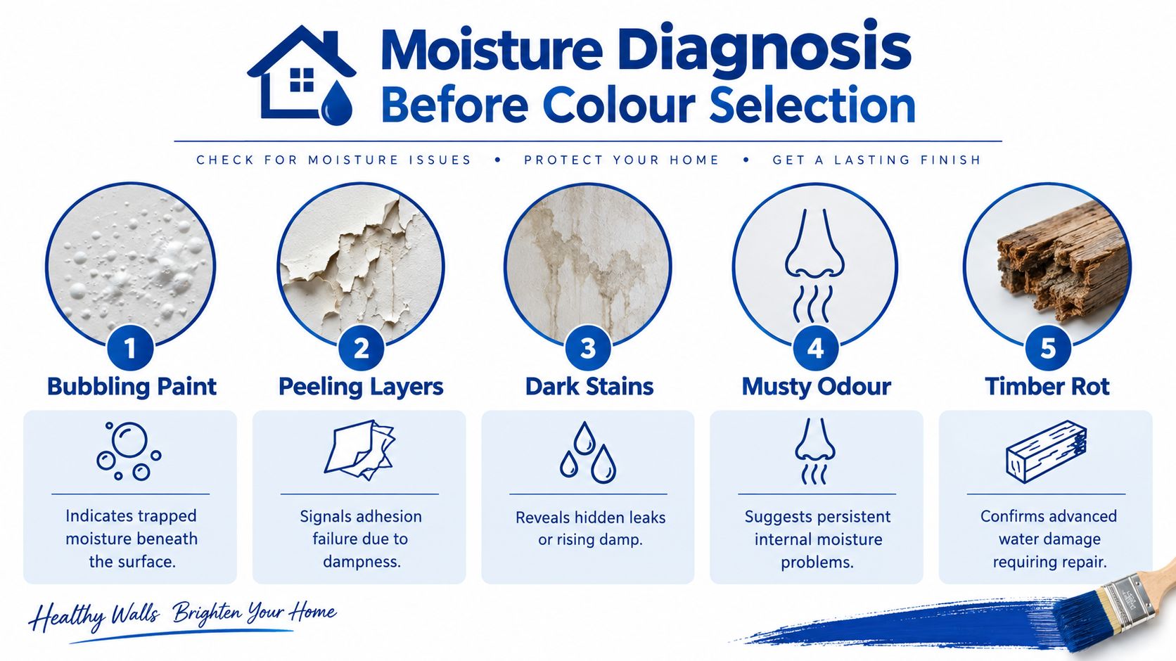 A diagnostic infographic showing five common signs of home moisture damage, including peeling paint and timber rot.
