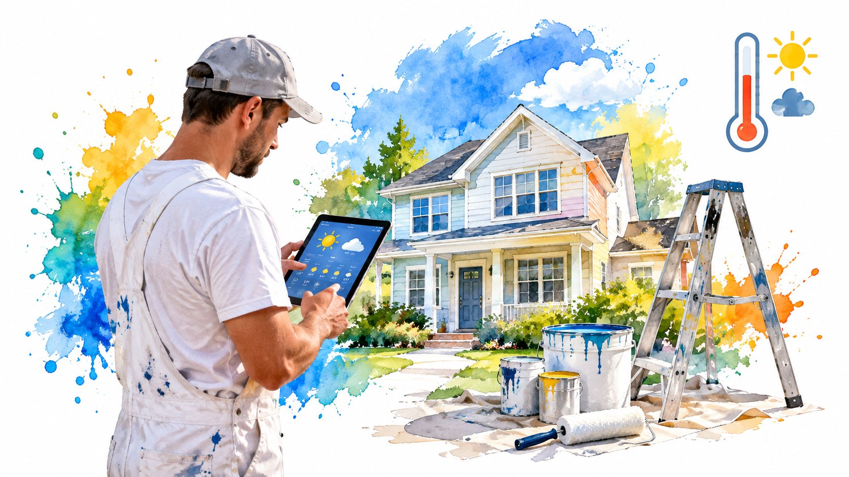 A professional painter checking digital weather forecasts on a tablet before painting the exterior of a house.