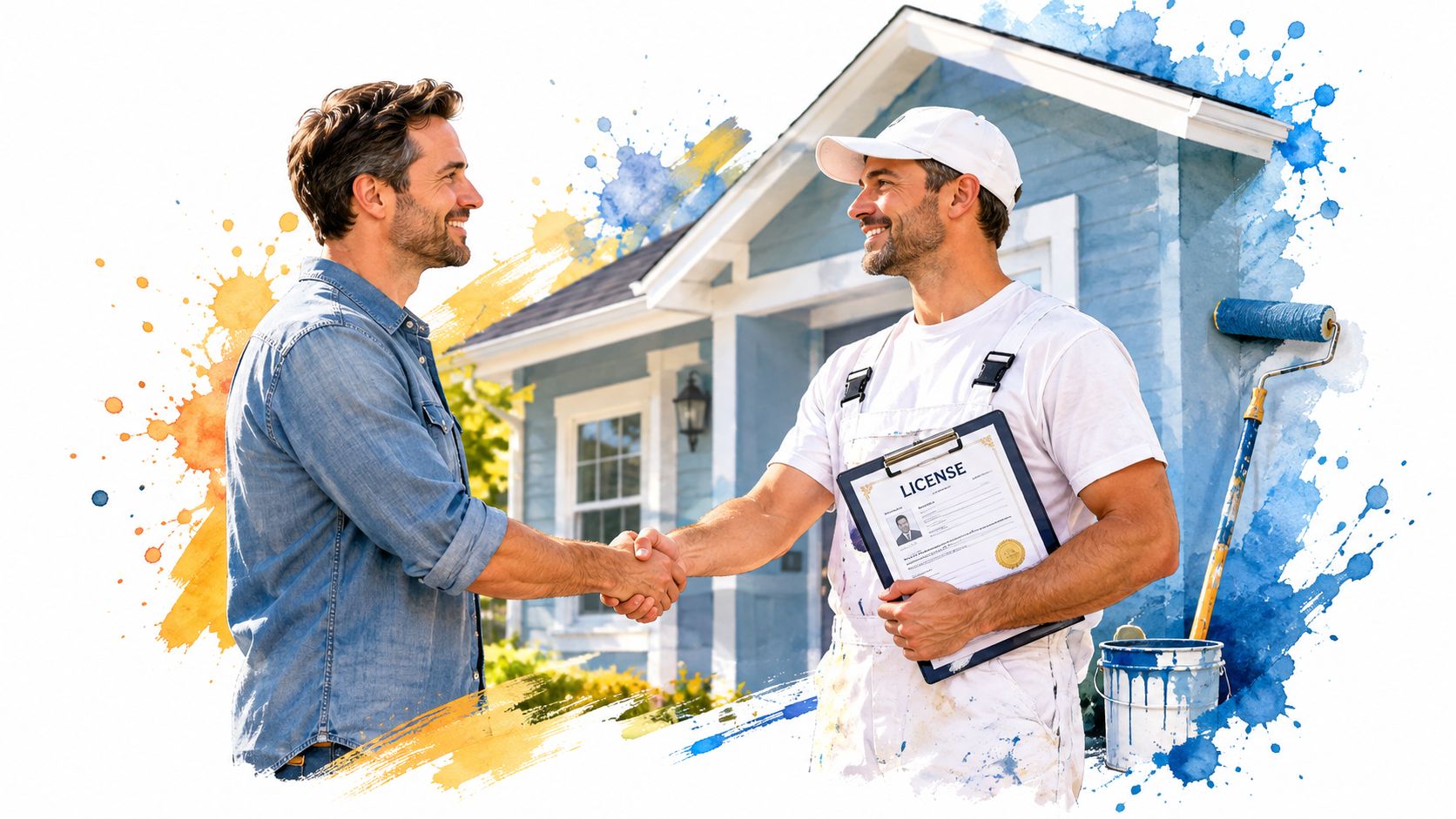 A professional painter shaking hands with a homeowner in front of a freshly painted blue house.