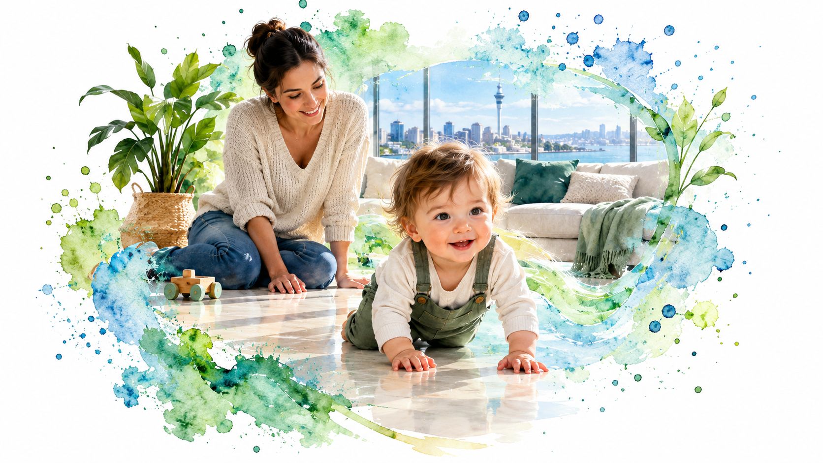 A happy mother playing with her crawling baby in a modern, sunlit living room with city views.