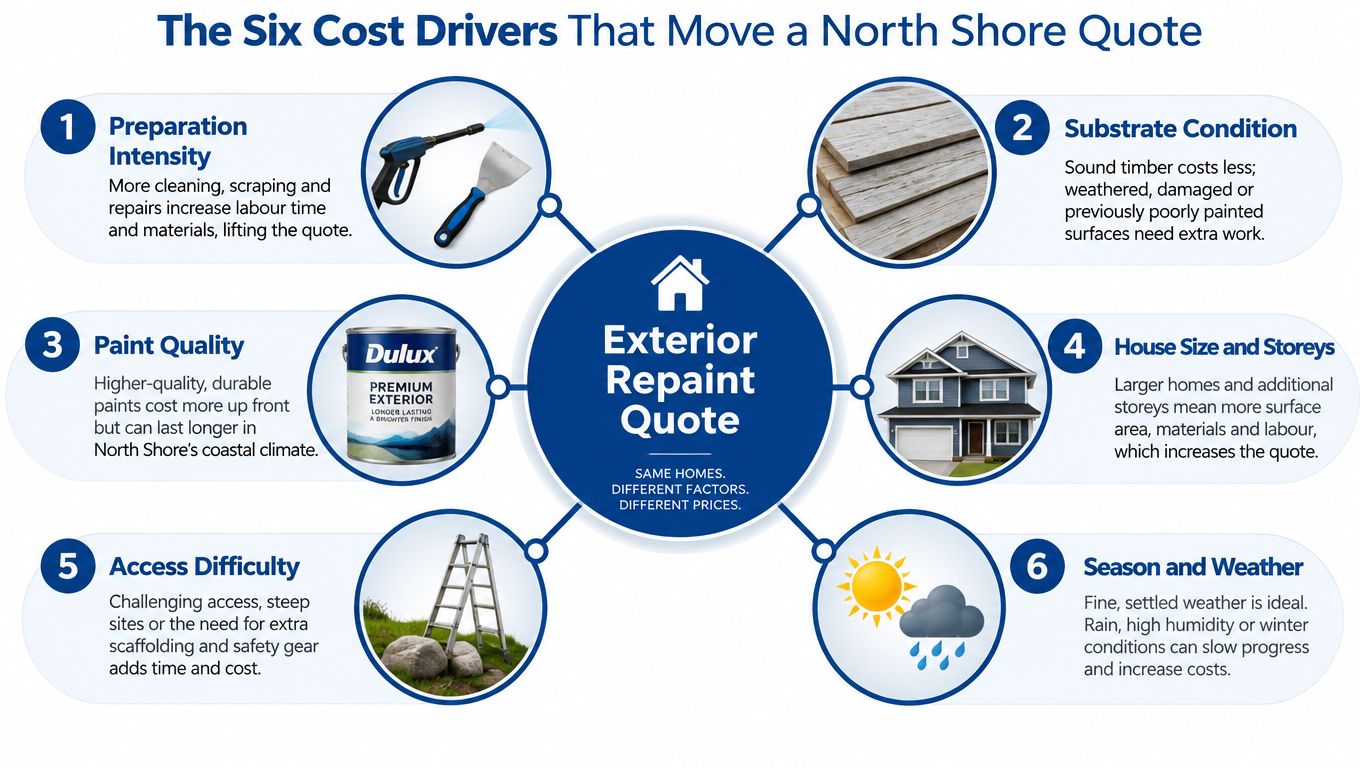 An infographic showing six primary factors that influence the total cost of an exterior house repaint quote.