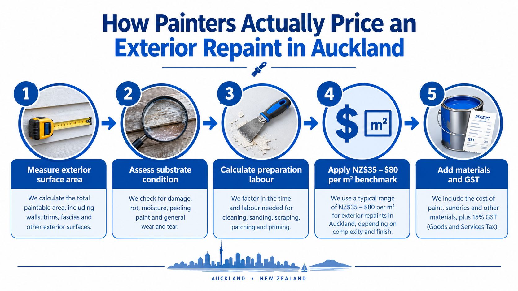 A step-by-step infographic illustrating the process of pricing an exterior home repaint in Auckland, New Zealand.