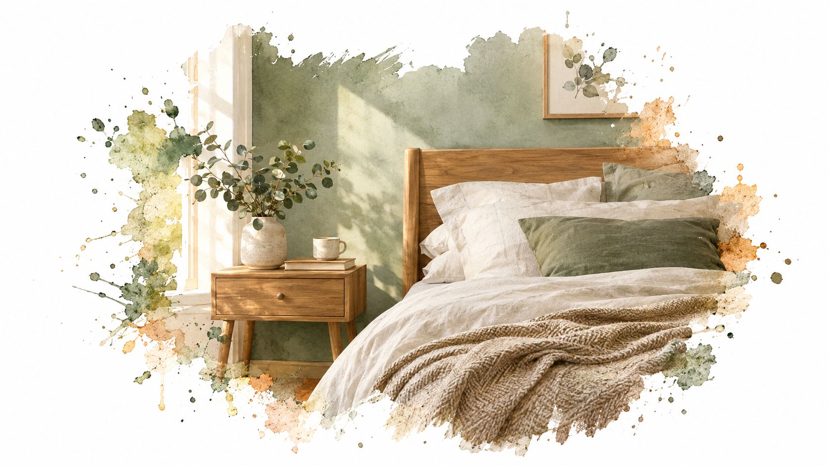 A cozy bedroom with a wooden bed, sage green wall, and decorative plants, featuring a watercolor effect.